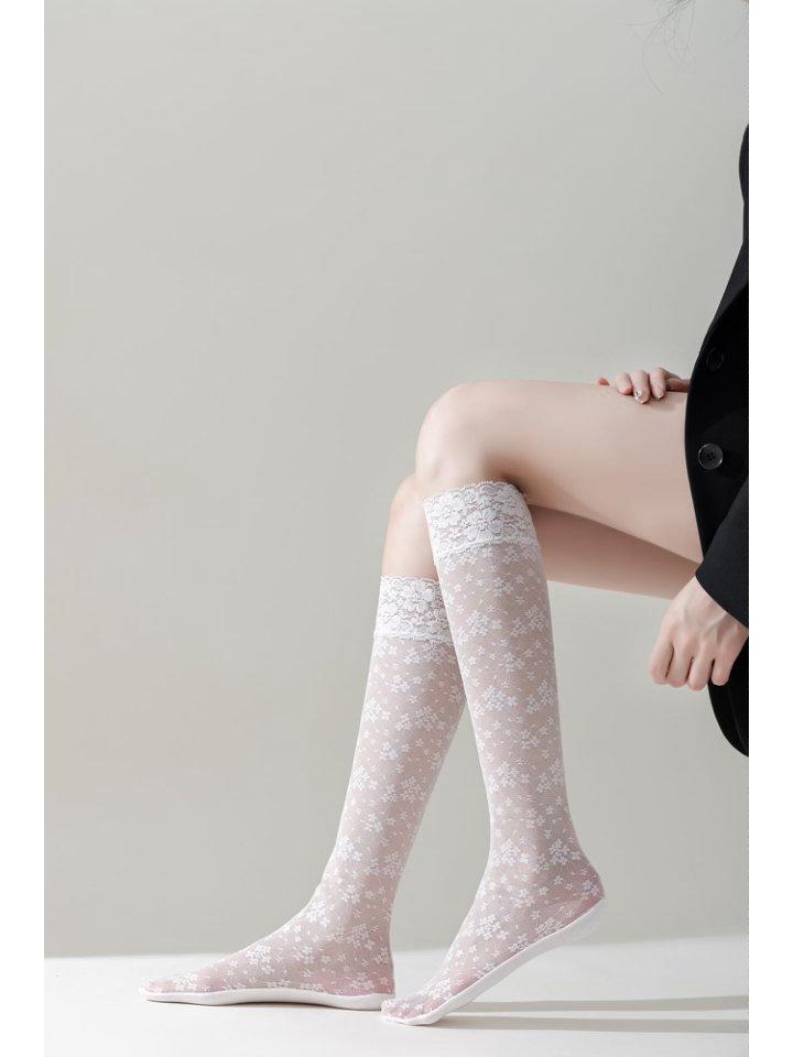 Women's Summer Thin Cotton Lace Trim Over-the-Knee Socks - Breathable Fishnet Gauze