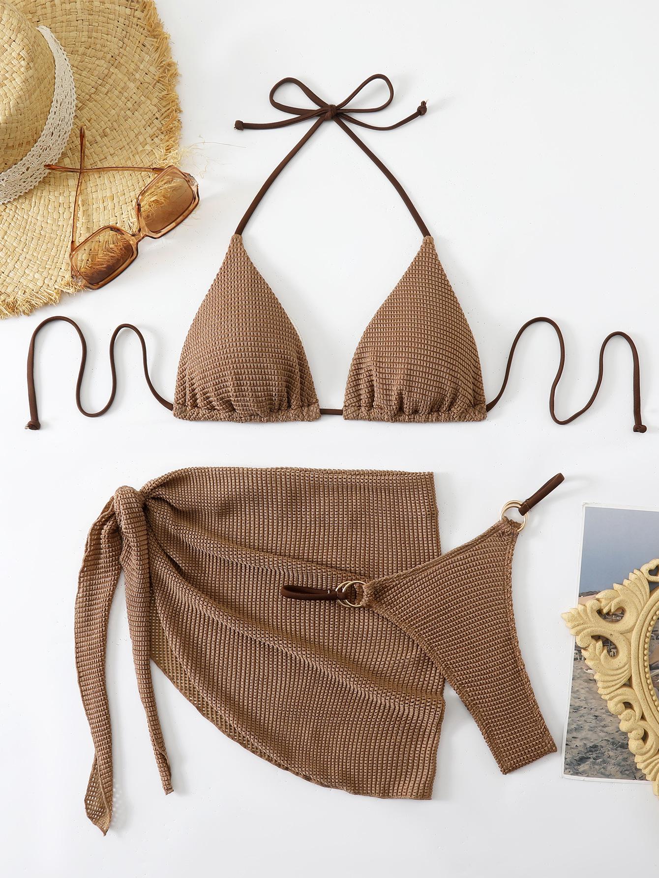 

2026 Європейський та Американський Сексуальний Трикотажний Купальник-Бікіні з Трьома Частинами та Глибоким Вирізом на Шиї, Однотонний, для Жінок Medium кавовий