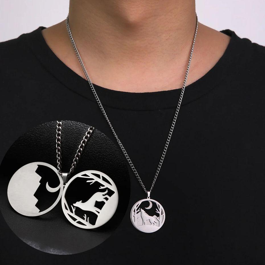 LIKGREAT Elk Wolf Bear Necklace for Women Men Teen Stainless Steel Forest Animal Snowflake Moon Pendant Jewelry Birthday Gifts