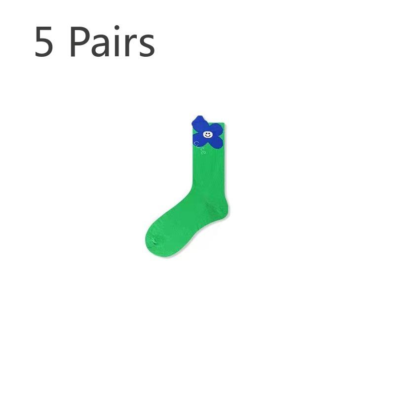 5 Pairs of Women's Spring and Autumn Tide Color Contrast Sports Casual Small Fresh Green Mid Tube Socks