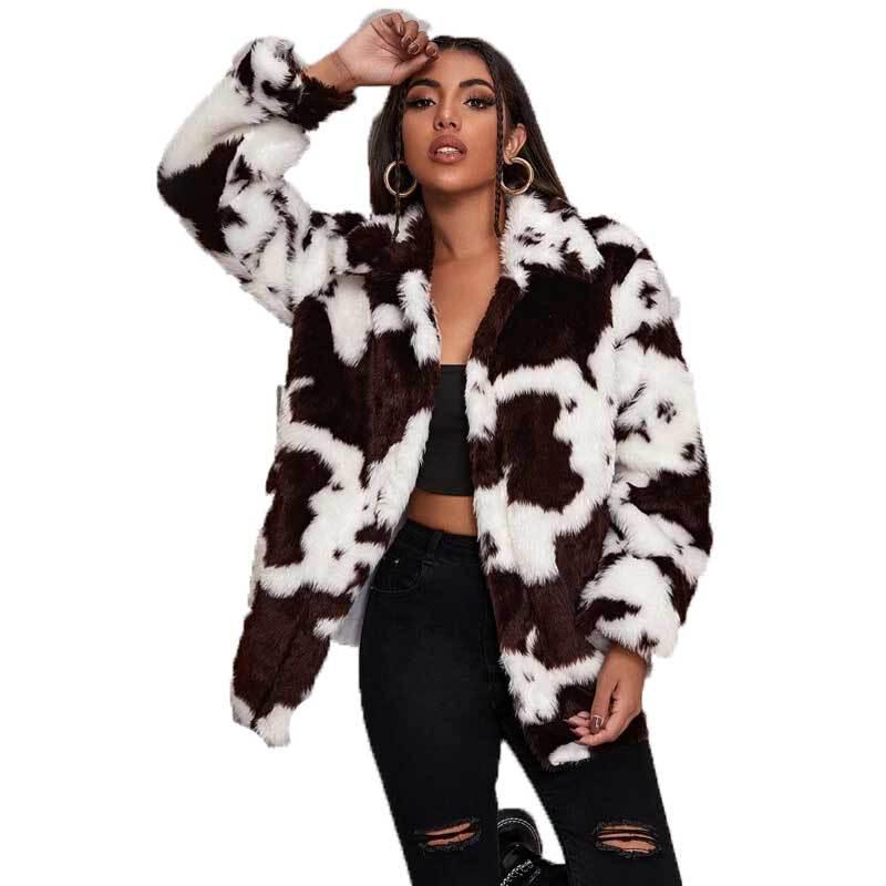 Women's Harajuku Style Black and White Cow Print Faux Rabbit Fur Coat - European and American Autumn/Winter Jacket