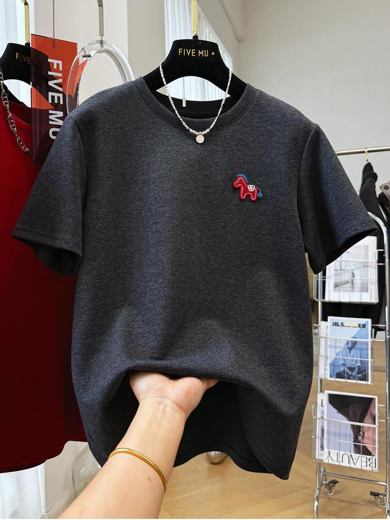 Plus Size 240 Jin Early Spring Round Neck Short Sleeve Cartoon Embroidery Women's T-shirt