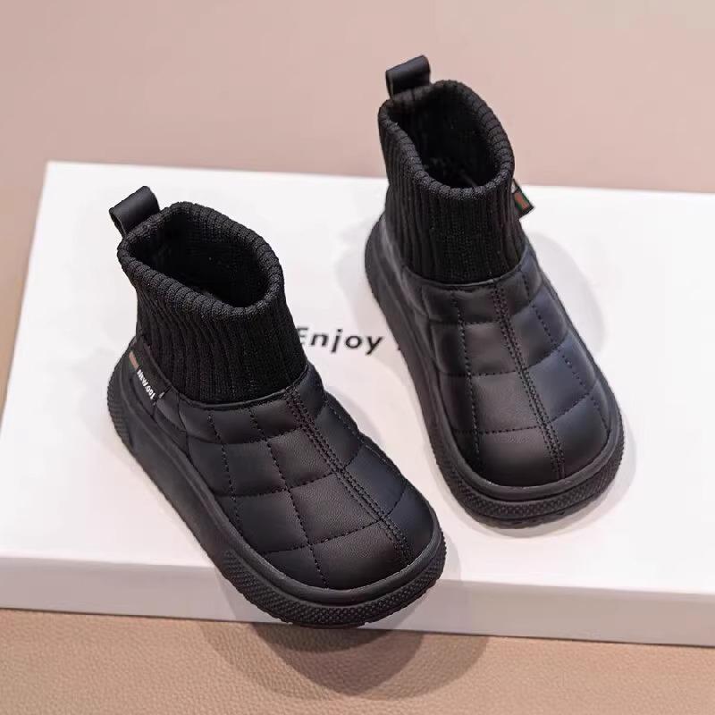 Kids Plush Lined Winter Ankle Boots Knitted Cuff Thick Sole Warm Casual Snow Booties 26 чёрный