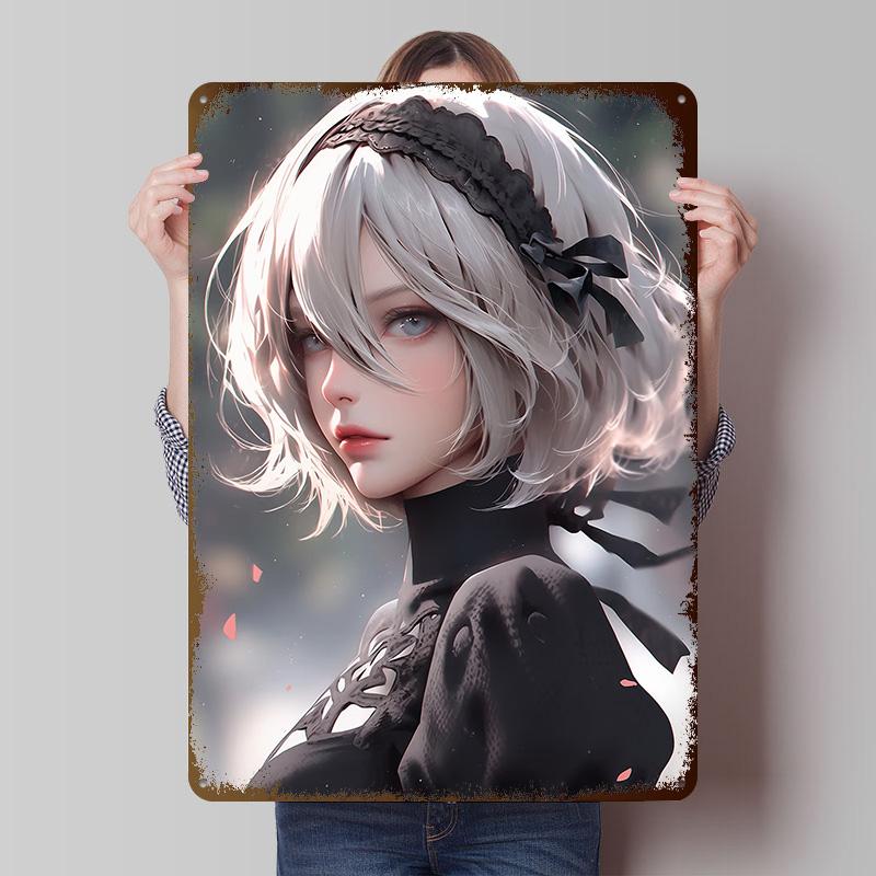 Anime Girl Portrait With Black Headband Metal Poster Customized Wall Art Retro Vintage Tinplate Signs for Man Cave Home Decor 20X30CM