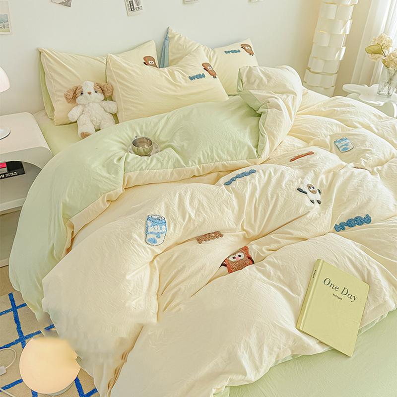 Cartoon Cotton Towel Embroidered Comforter Set Machine Washable Bed Linen Bedding Spring New Soft Breathable Fitted Sheet