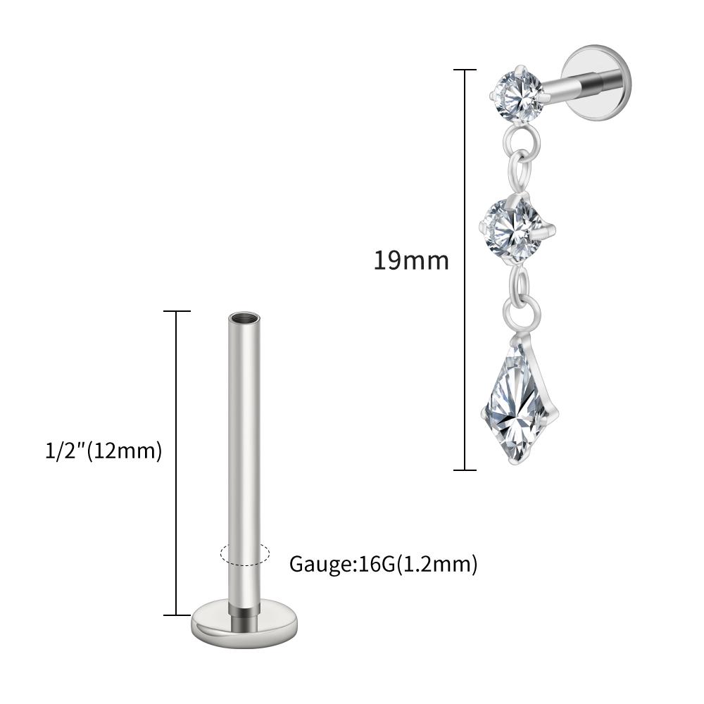 Right Grand ASTM F136 Titanium Dangling CZ Drop Piercing 16G Dangle Chain Kite Shape Cartilage Helix Stud Flat Back Earring