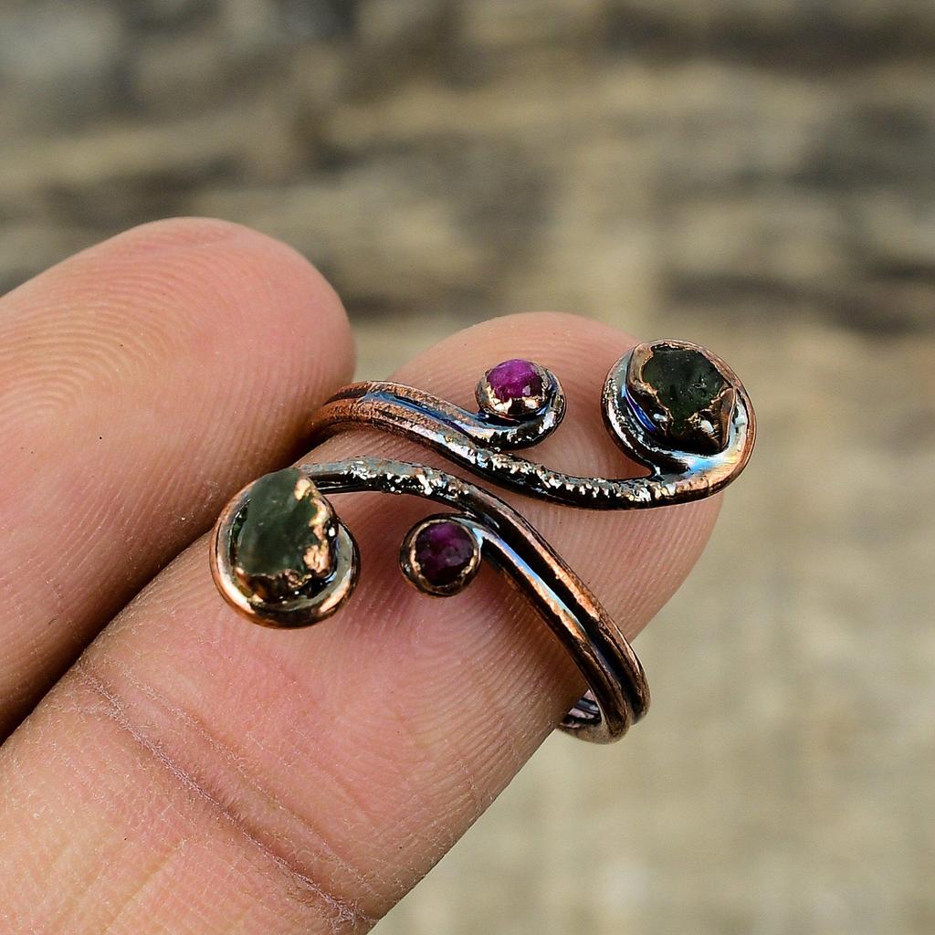 Anillo de Turmalina Multicolor en Bruto Anillo de Cobre Electroformado Anillo Ajustable Hecho a Mano Joyería de Cobre Anillo Para Mujer Joyería de Piedras Preciosas Electroformadas