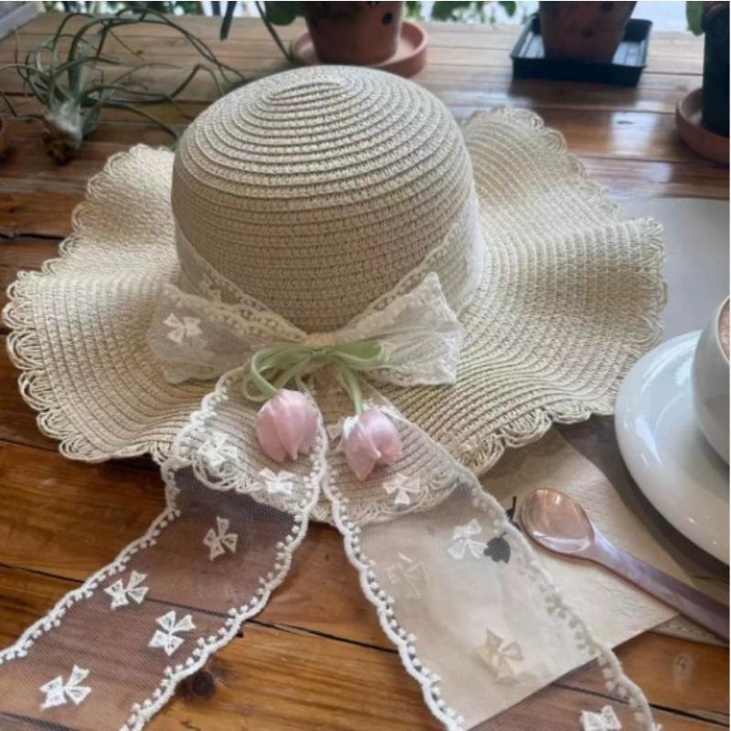 Big Brim Sun Hat Seaside Beach Idyllic Forest Bow Streamer Straw Hat Female Summer Flower Tulip