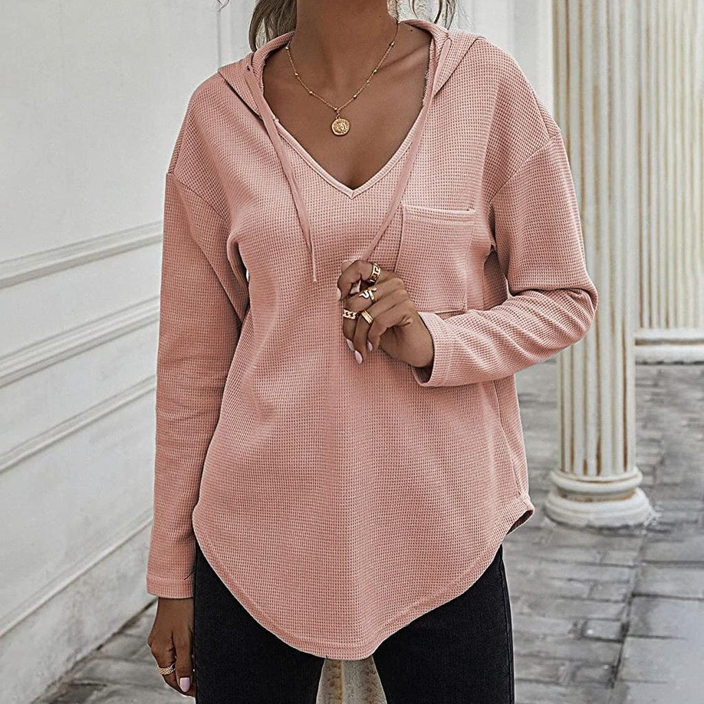 New Women's V-Neck Waffle Knit Hoodie, Drawstring Pocket Pullover with Long Sleeves, Casual & Sporty Lounge Top for Daily Wear