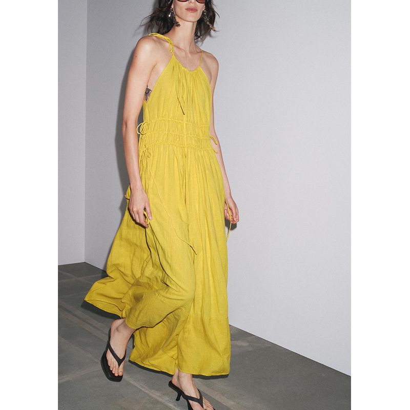 Summer New Product Women's Clothes Ruched Fabric Bows Trim Linen Blended round Neck Length Dress 4043068