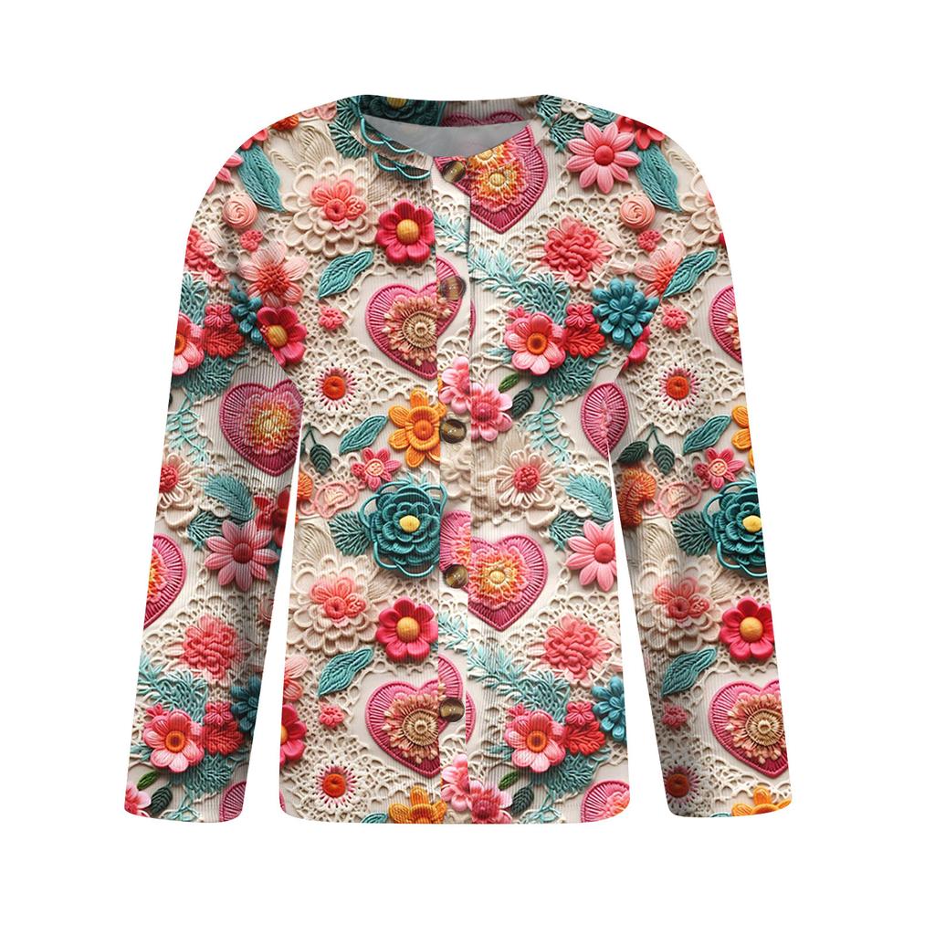 Fasjonabel langermet jakkecardigan med trykt Valentinsdag for kvinner