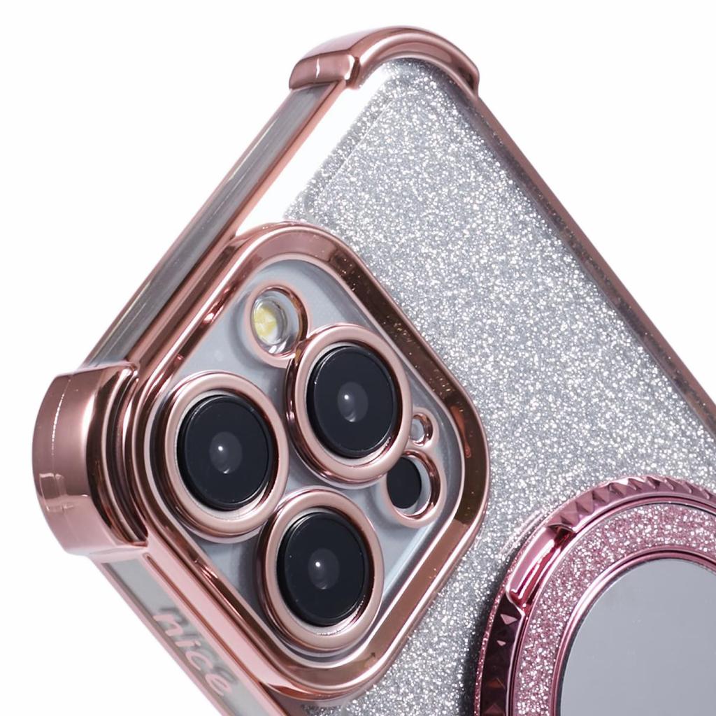 For iPhone 12 Pro Max Case Round Mirror Anti-drop TPU Glitter Phone Cover with Kickstand