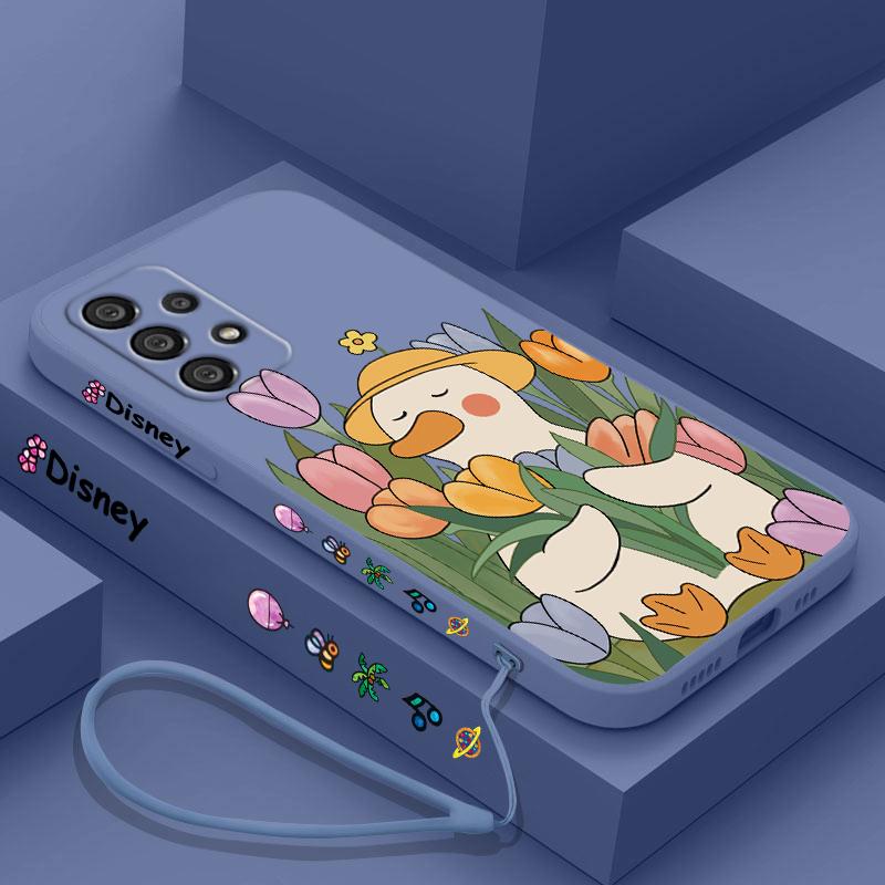 Duck With Sunglasses Cute Cartoon Phone Case For Samsung A73 A53 A33 A52 A32 A71 A51 A21S A50 A30 5G Liquid Left Rope Soft Cover
