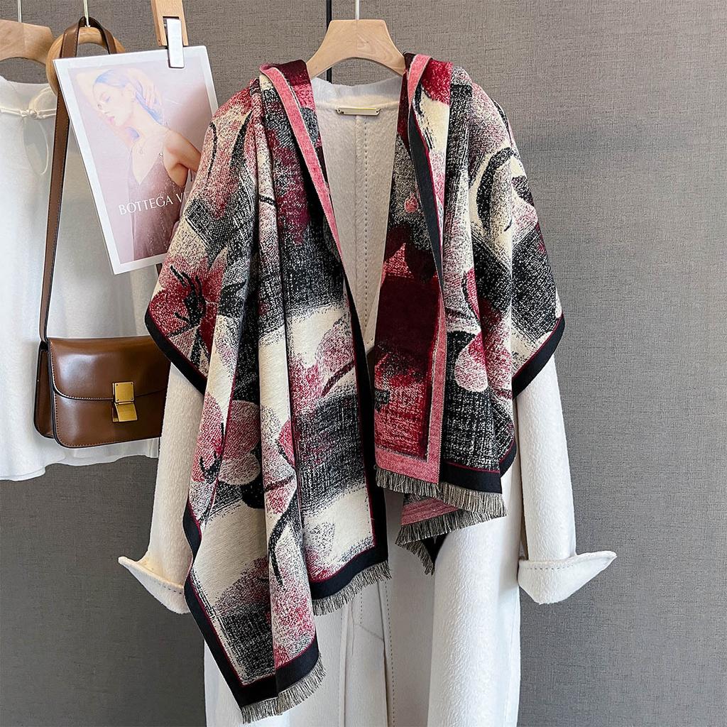 Autumn New Versatile Plaid Flower Print Scarf Personalized Retro Color Matching Flower Pattern Shawl Warm Scarf