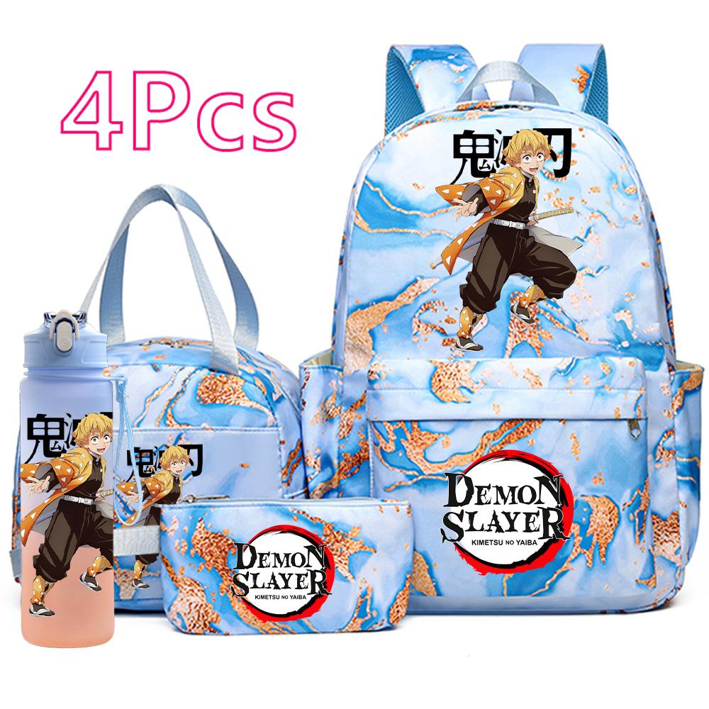 4 Pièces/ensemble Anime Demon Slayer Sac à Dos Imprimé Sac à Main Trousse à Crayons avec Bouteille d'Eau 750ml pour Adolescent Garçon Fille Grande Capacité Sac d'École Imperméable