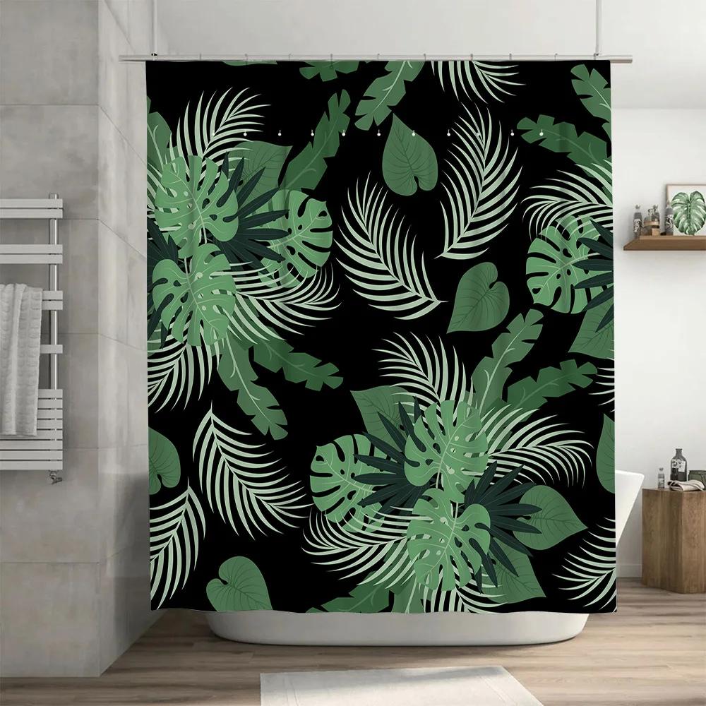 Green Tropical Leaf Print Shower Curtain Waterproof Decorative Bathroom Hanging Cloth 72 X 84 Inch (Black White Green)