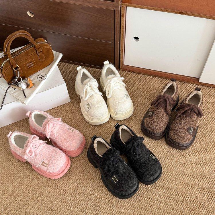 European Golden Velvet Big Head Lace-up Muffin Platform Loafers Women's Versatile Small Height Increase Casual Fluffy Women's Shoes