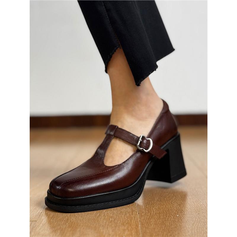 First Layer Leather British Retro T-strap Mary Jane Shoes Women's Thick Heel High Heel Small Leather Shoes Single Shoes