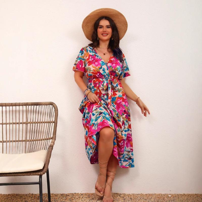 Waist-slimming Lace-up A-line Floral Dress