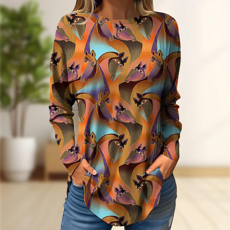 Oberteile für Damen, Schneeeulen-Print, Rundhalsausschnitt, Langarm-T-Shirt, Herbst, lässiger, schlanker Pullover, Langarm-Oberteil für Damen