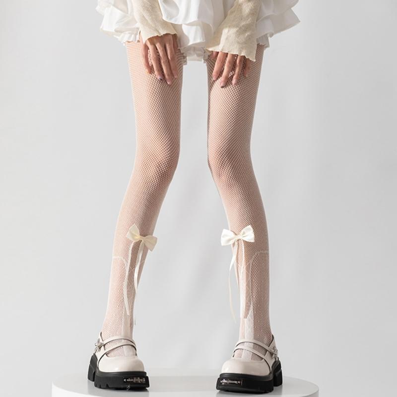 Women Japanese Ballet Sheer Mesh Pantyhose Stockings Crisscross Pattern Cute Ribbon Bowknot Fishnet Tights Leggings