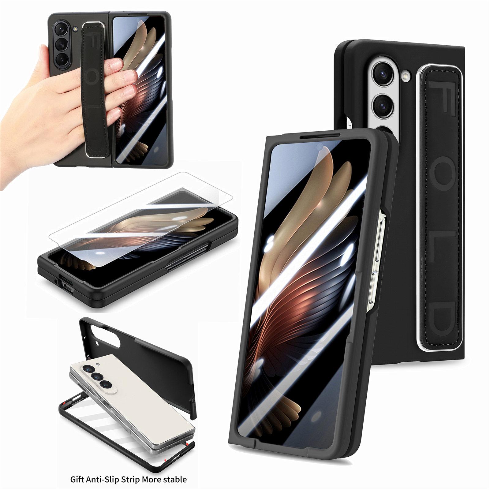 

For Samsung Galaxy Z Fold6 5G Case Anti-Drop Wristband Leather+PC Phone Cover with Screen Film Black