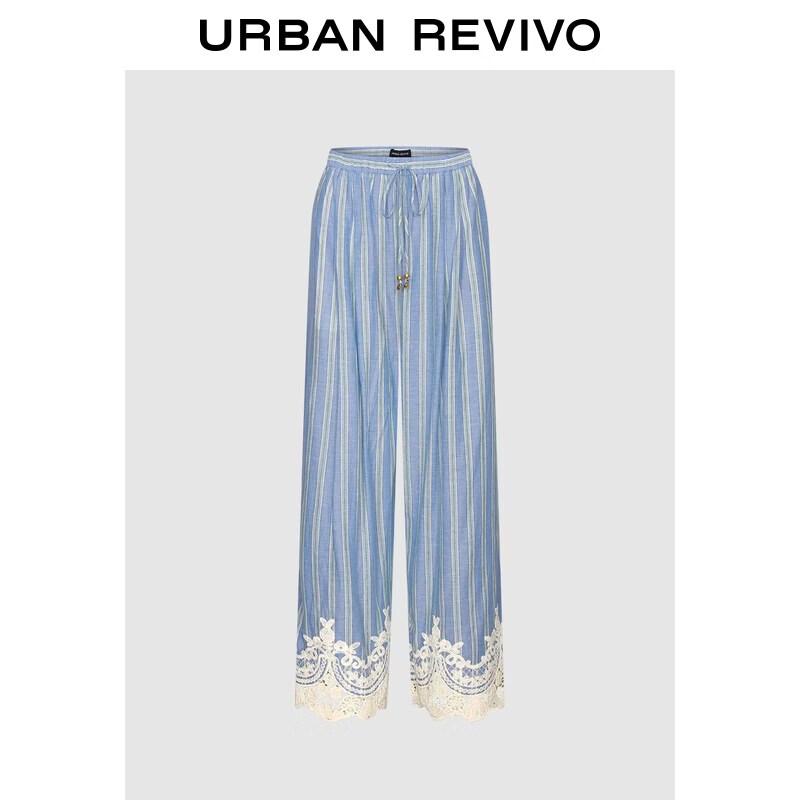 UR2026 Women s Casual Color Block Stripe Lace Trim Wide-Leg Pants L