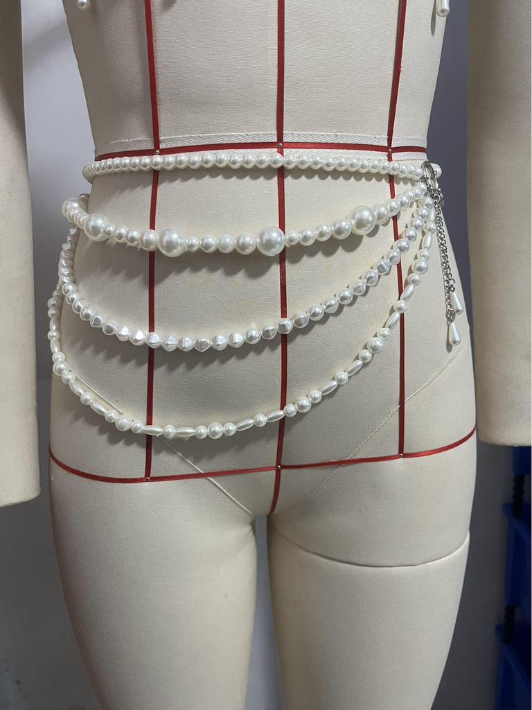 Q5119Y European/American Sexy Metal & Pearl Chain Halter Vest Top with Body & Waist Chain