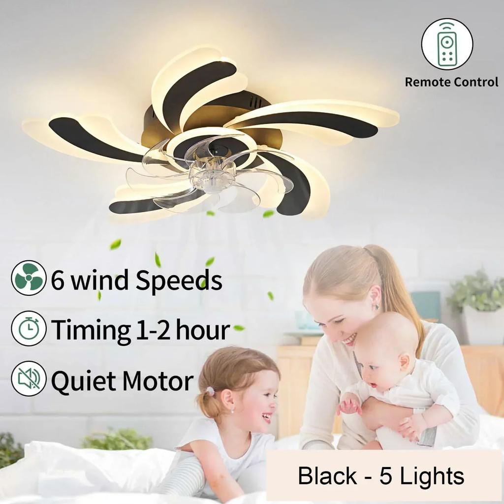 Nordic Flower Shape Black White Ceiling Fan Light LED Ceiling Lamp Remote Control Bedroom Silent Electric Fan Lamp Ventilators