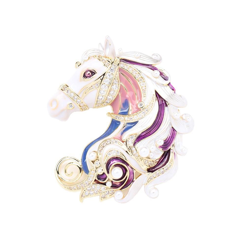 Neues Produkt, verträumte Tropfölgemälde dreidimensionaler weißer Pferdebrooch, elegantes Temperament, fortschrittlicher Sinn, steinbesetzter Tierkreiszeichen-Pin, weiblich