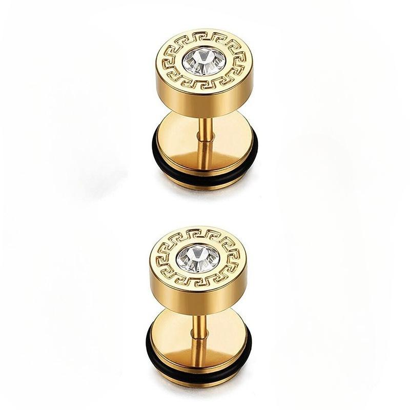 Retro Round Disc with Han Chang Pattern Set with Diamonds Titanium Steel Stud Earrings for Men, Stainless Steel, Threaded and Screw-on Design