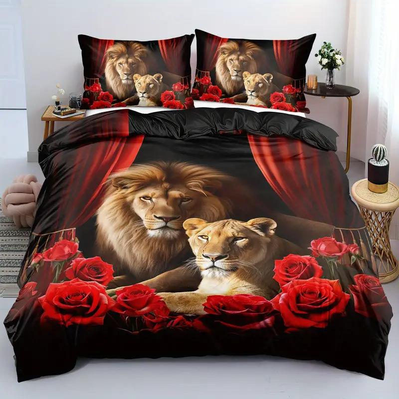 3D Lion Pattern Digital Printing Three-Piece Set Animal Duvet Cover Bed Sheet Bedding