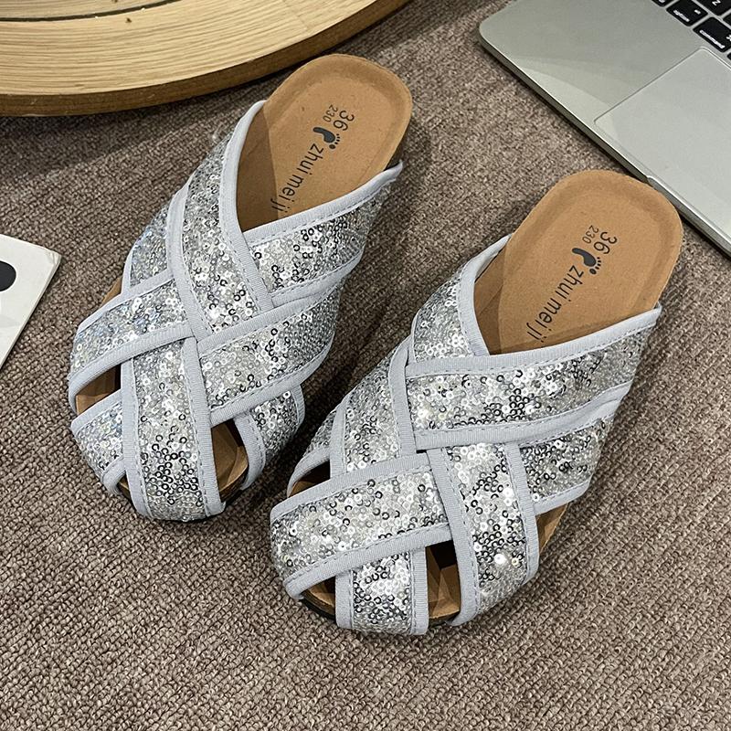 Fashion Bling Weave Mules Shoes Woman Casual Platform Slippers Women Flat Sandals Summer 2025 Trend Shallow Dress Comfort Slides Mujer