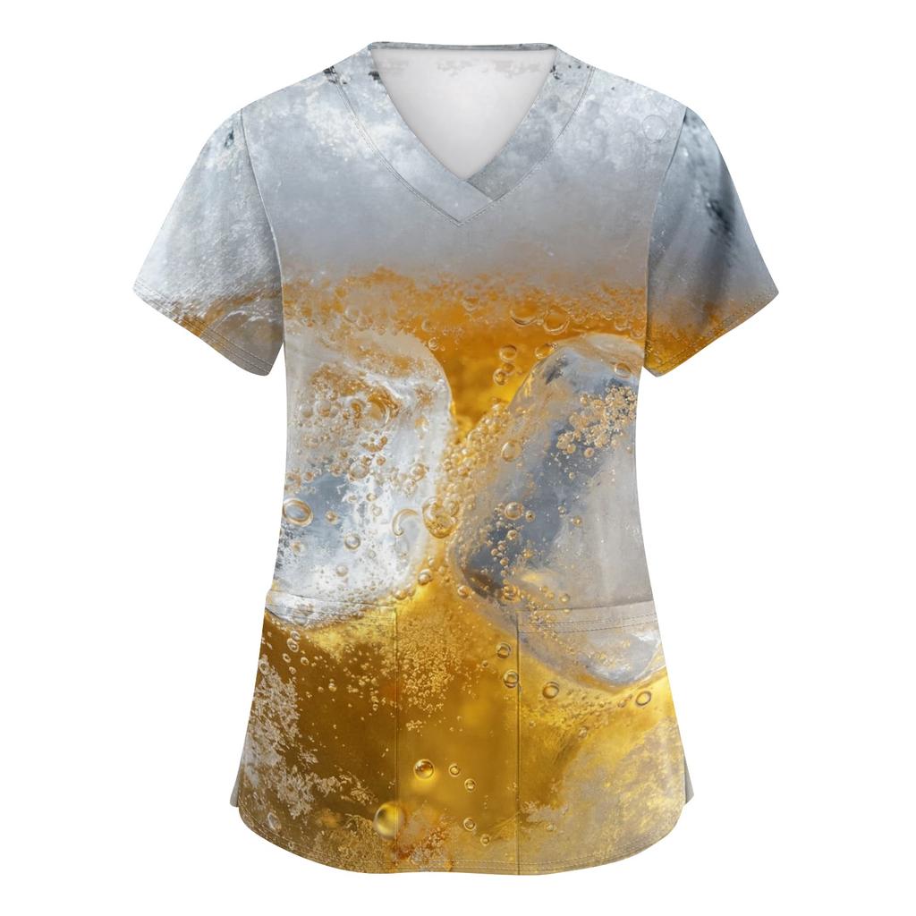 Women's V Neck Short Sleeve Work Shirt with Pockets Oktoberfest Beer Print Medical Scrub Top for Healthcare Professionals