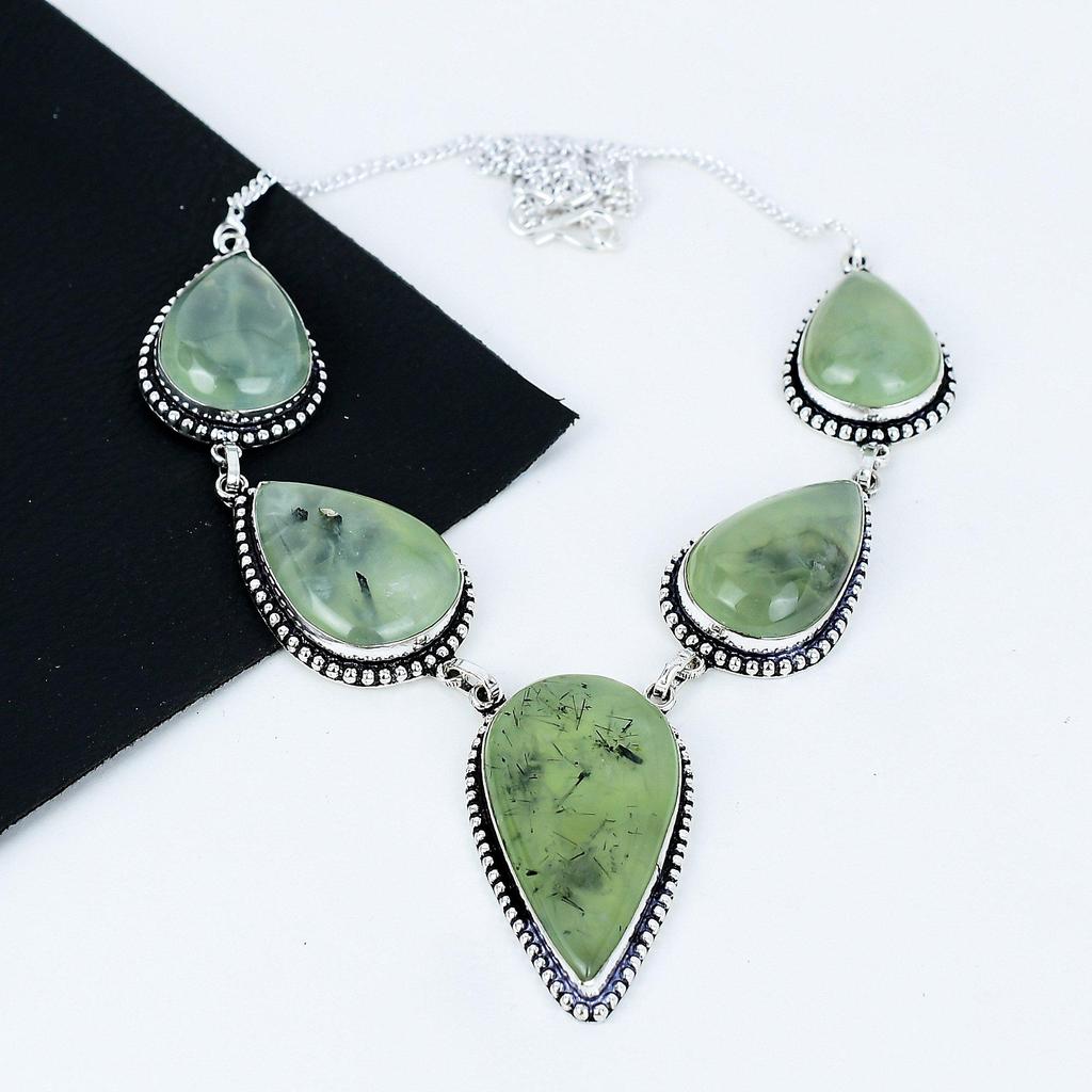 Prawdziwy Kamień Prehnitowy Ręcznie Robiony Naszyjnik ze Srebra Próby 925, Srebrny Naszyjnik z Kamieniem, Biżuteria z Kamieniem Prehnitowym Dla Kobiet, Na Prezenty