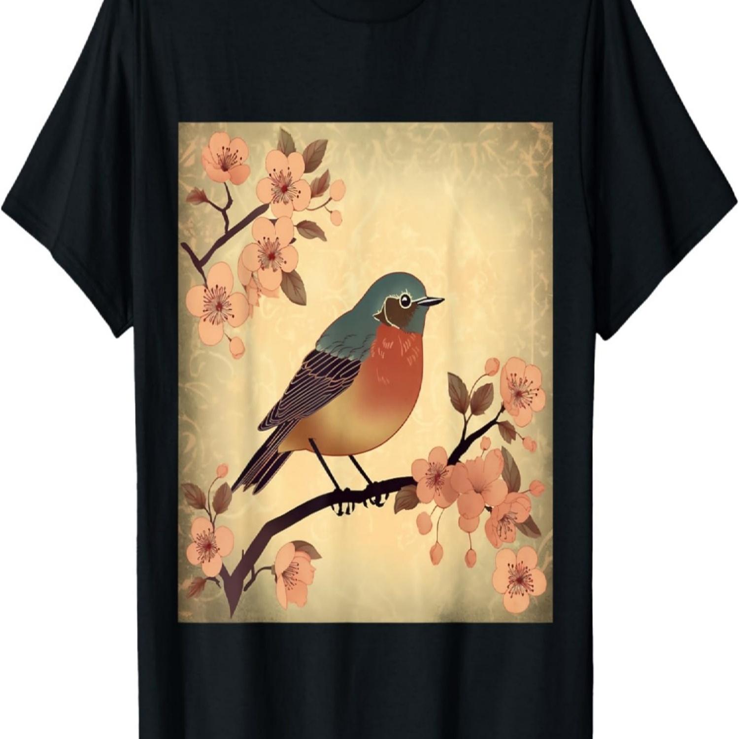 Elegant and Romantic Red Robin Cherry Blossom Blossom T-Shirt S чёрный