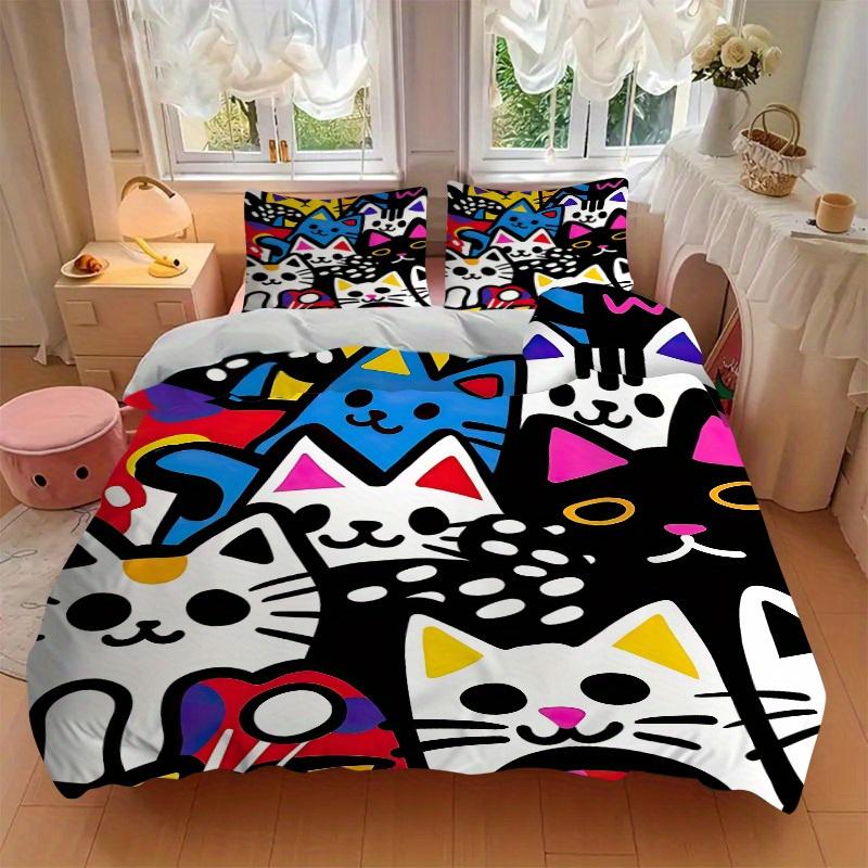 3pcs Colorful Cats Bedding Set, Ideal for Home Use, Suitable for Bedroom Decor (1*Duvet Cover + 1/2*Pillowcases, No Core) Yy250821232