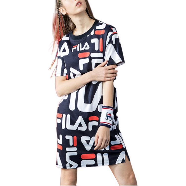 Fila Logo Print Round Neck Casual Short Sleeve Dress Women Dresses Navy-Blue F51W228199FNV