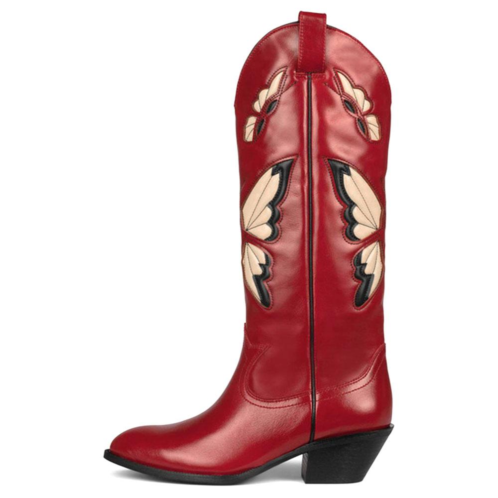 Fashion 2025 Brand New Big size 43 Red Butterfly Cowboy Boots for Women Black Vintage Slip On Cowgirls Knee High Boots Shoes