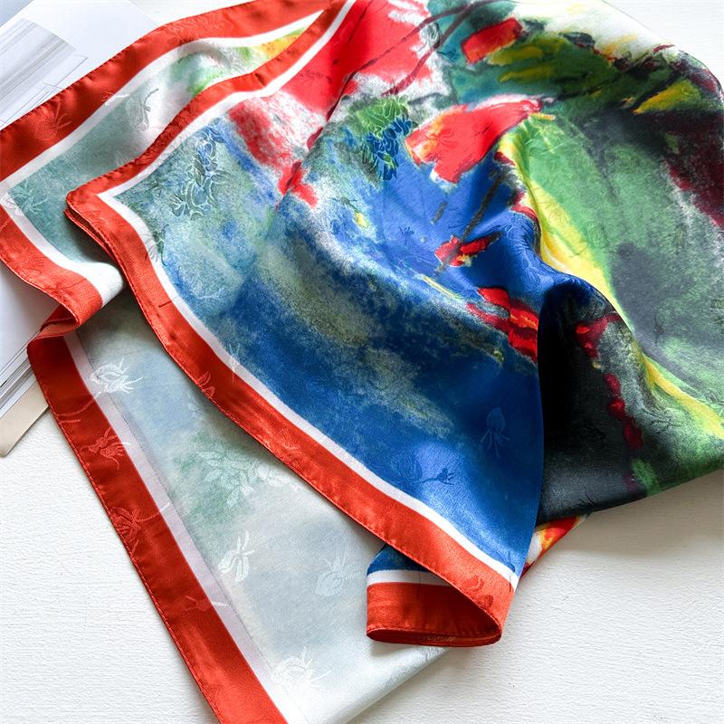 90X90cm Silk Scarf Retro Oil Painting style Women Square Scarf Shawl For Mom Gift Soft Wraps Neckerchife Hairband Sun Protection