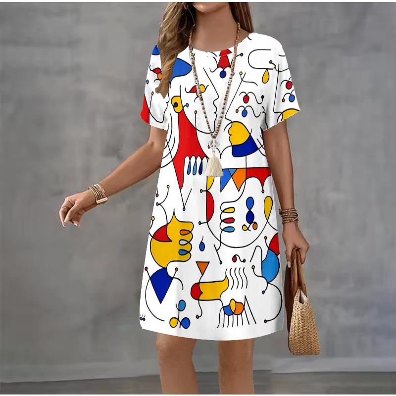 Women Elegant Print Casual Retro Mini Round Neck A-line Dress Temperament Dress Summer New Short Sleeved Dress Fashion New Dress