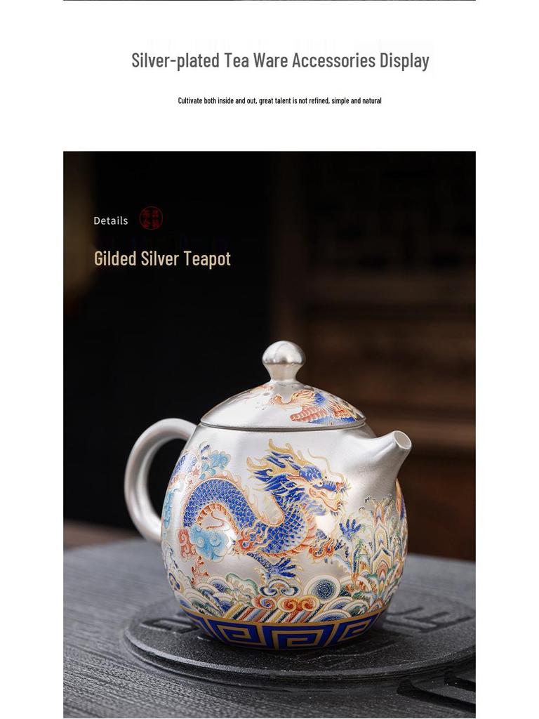 Luxury Dragon & Phoenix Silver-Plated Tea Set: One Pot, Two Cups, Dragon Egg Infuser, Gift Box Included