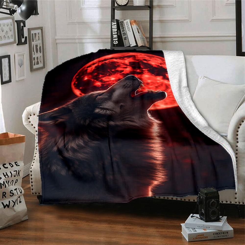1pc Wolf Howling Moon Throw Blanket Soft Flannel, Cozy All Season Polyester Perfect for Home, Office