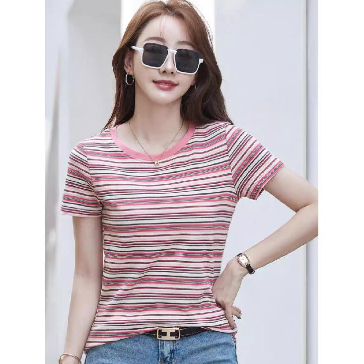 Women's Summer Casual Loose Shirt Solid Pattern Striped Short Sleeve Pullover with Round Neck Versatile Y2K Style Tops