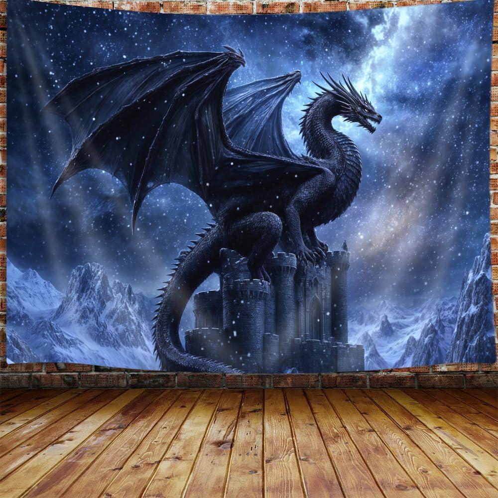 

VIKAMA Black Dragon Epic Tapestry Flames Burning City Snow Mountain Guardian Double Scene Game Room Bedroom Living Room Decor 74x94cm(29x37in)