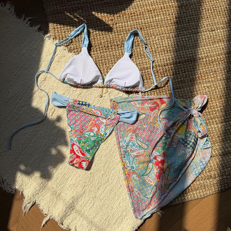 Printed with Sarong High Cut Leg Bikini Women Swimwear Female Swimsuit Three-pieces Bikini Set Bather Bathing Suit Swim