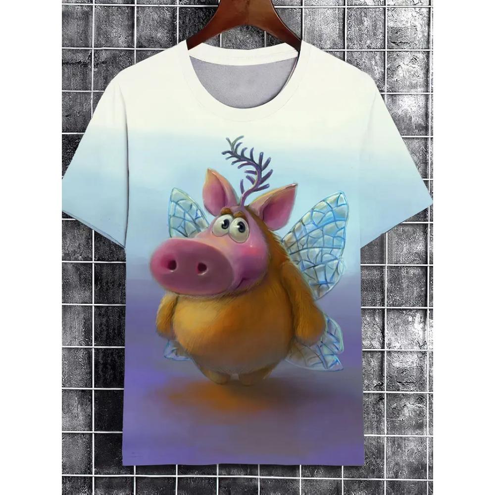 Men's Funny Flying Pig Graphic Print T-Shirt Clothes Summer Short Sleeve Cute Pig Casual T-shirts Top Women Clothing