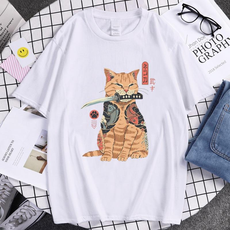 Summer Unisex 100 Cotton Shortsleeved Breathable Samurai Cat Personalized Print Tshirt For Casual And Loose Fit Hiphop Style