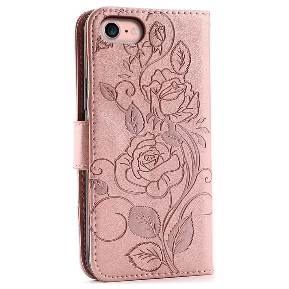 For iPhone 16e Case Wallet Stand Imprinted Rose Butterfly PU Leather Phone Cover