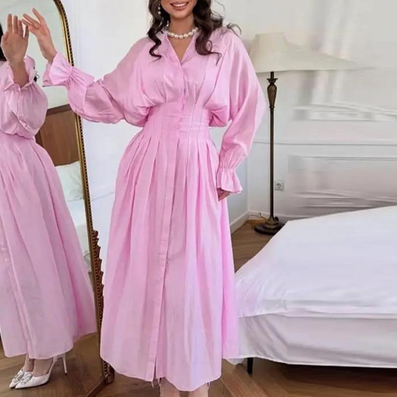 Women Elegant Solid Color High Waist Button Long Maxi Dress